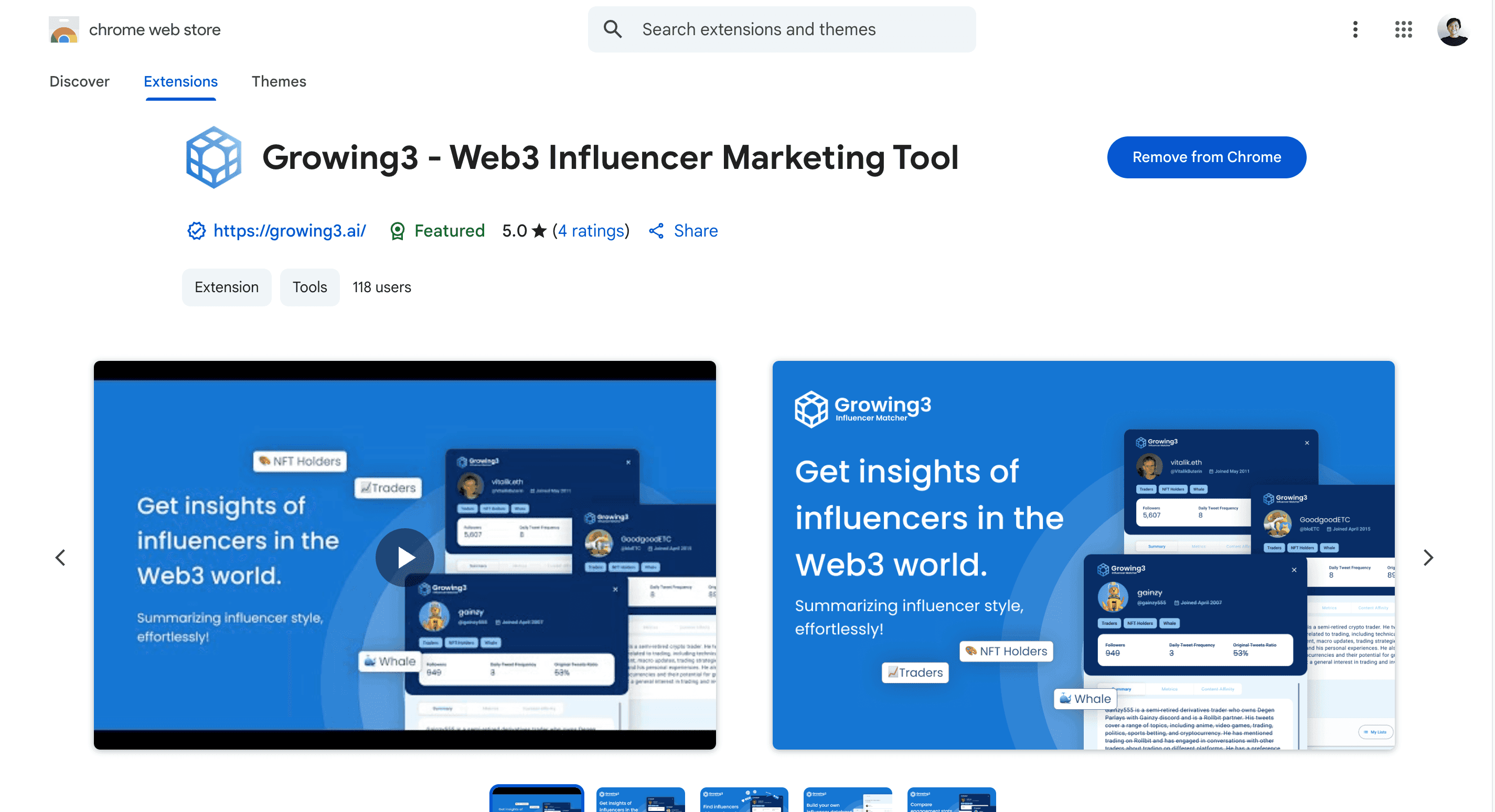 Growing3 - Web3 Influencer Marketing Tool listing on the Chrome Web Store