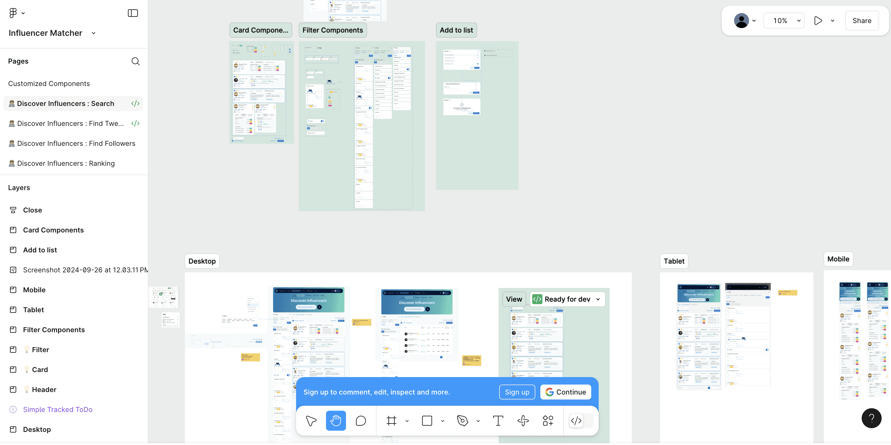 Figma file showing the Influencer Matcher design system and responsive desktop, tablet, and mobile layouts