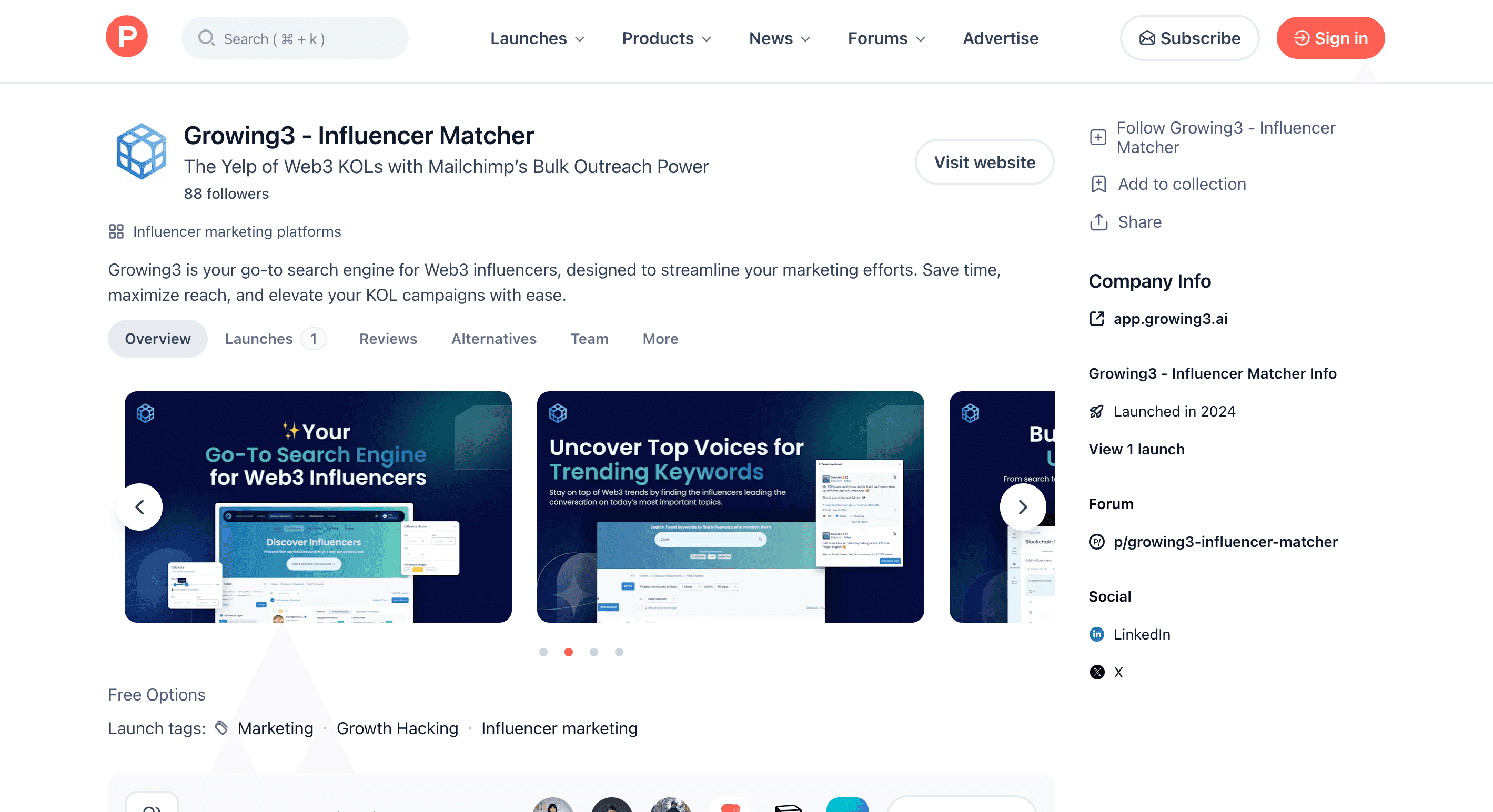 Growing3 - Influencer Matcher launch page on Product Hunt