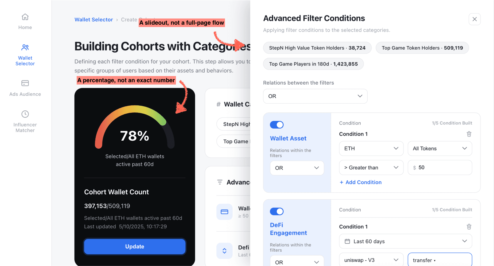 Screenshot of building a cohort in the slideout selector