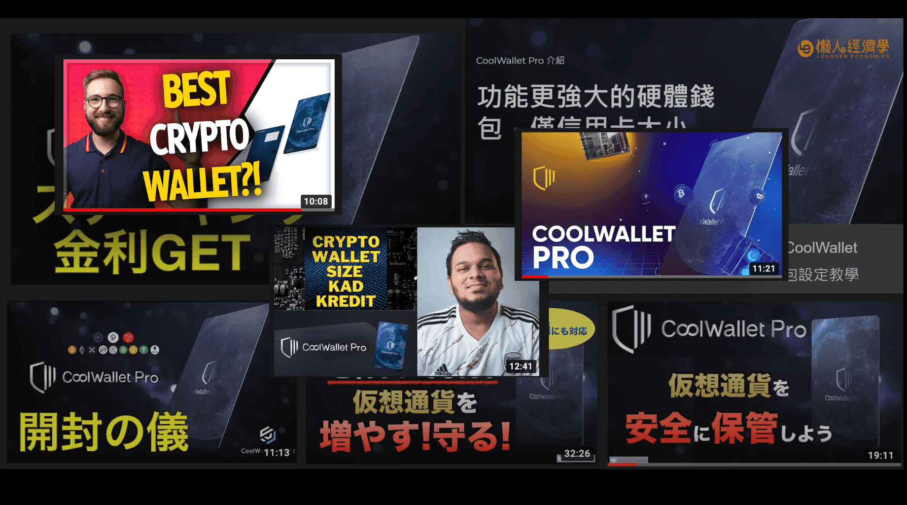 Collage of influencer and reviewer video thumbnails across multiple languages