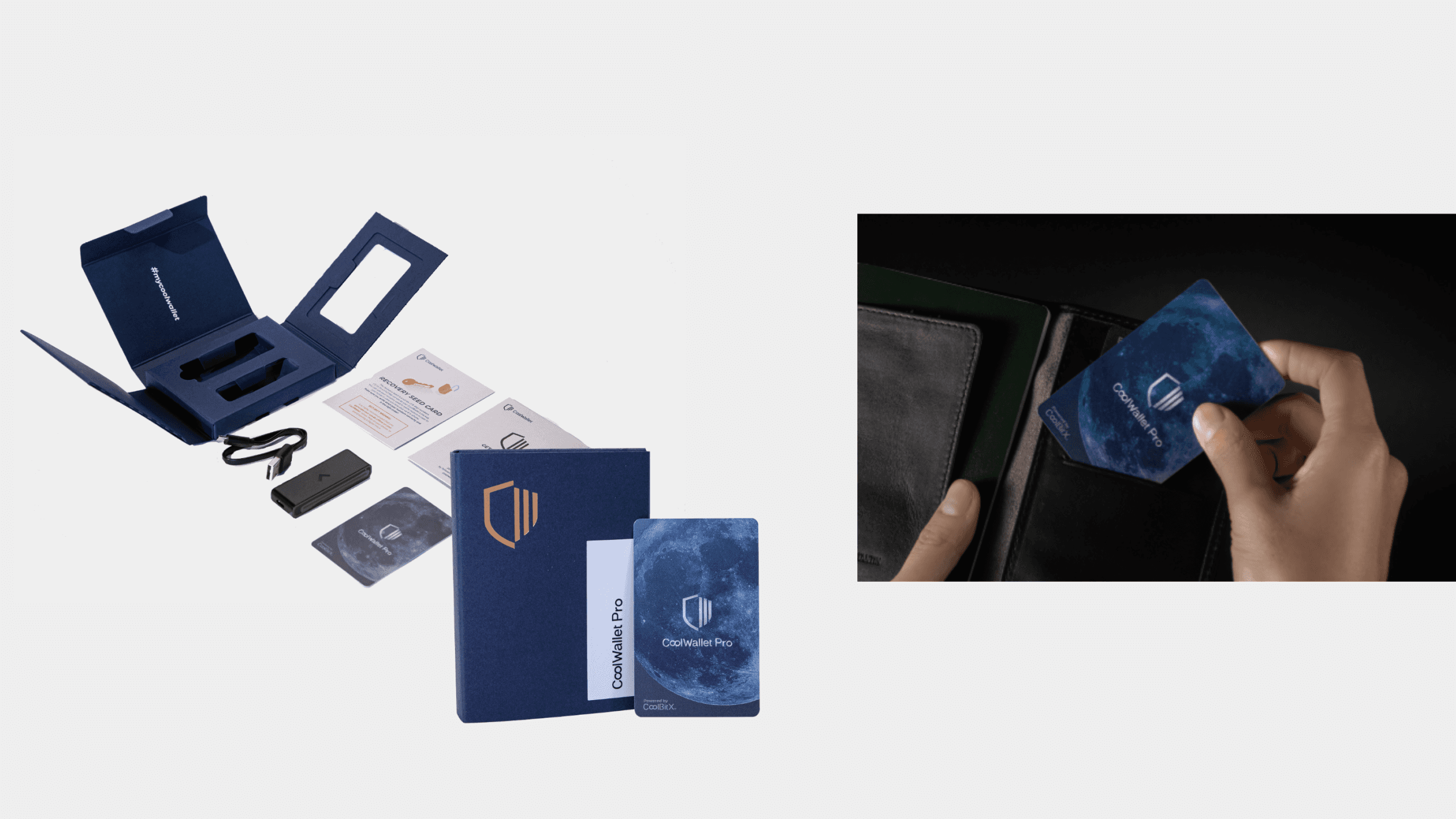 CoolWallet Pro unboxing set and card held in hand